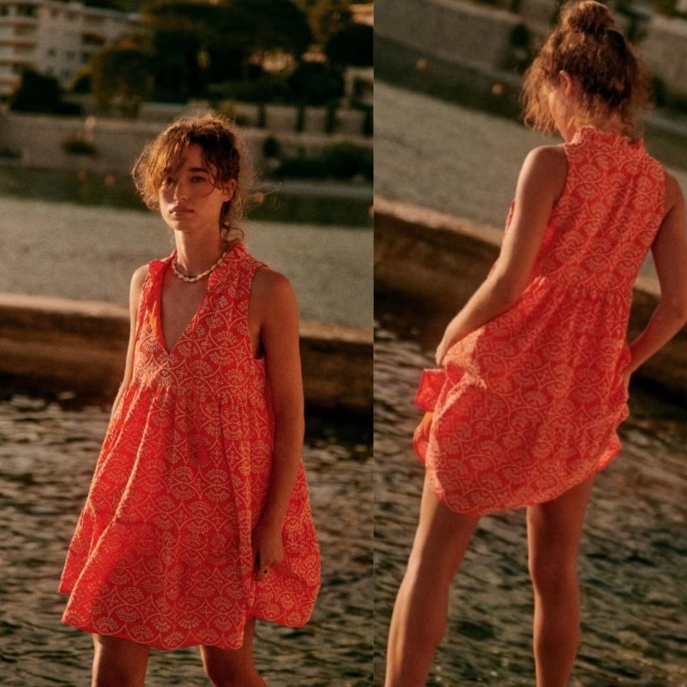 Sezane Arielle Embroidered Dress in red